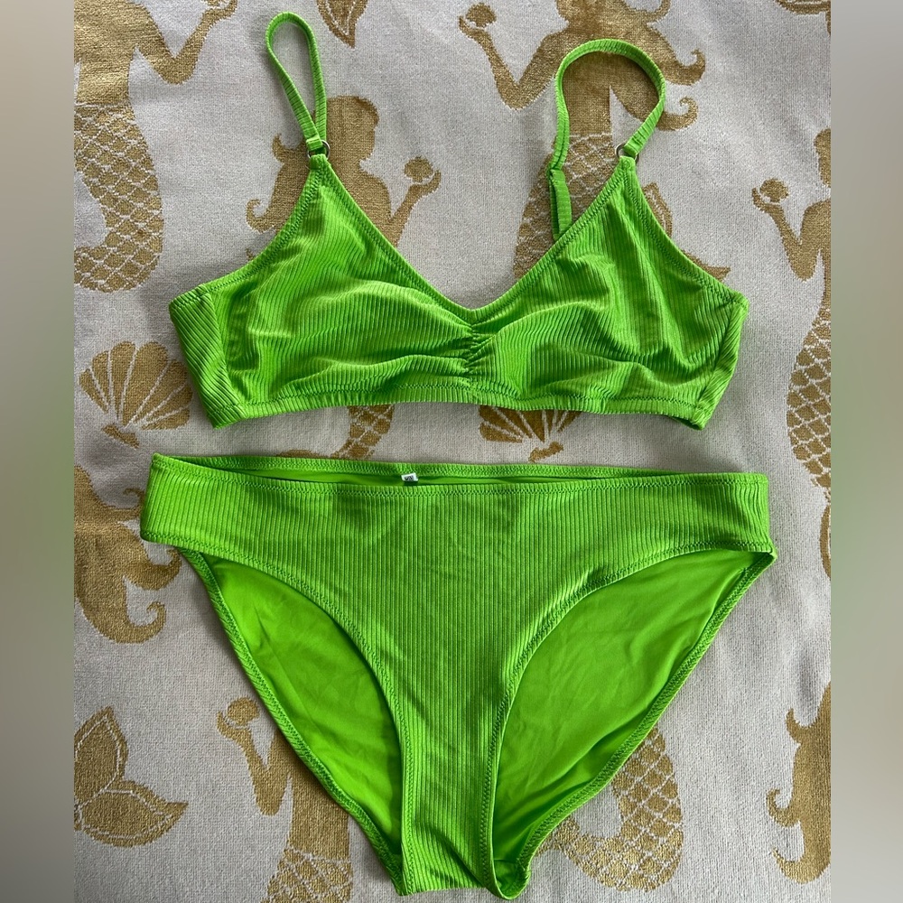 Aerie Beach Babe Shine Rib Voop Top & Full Coverage Bottom Bikini Set - Size XL